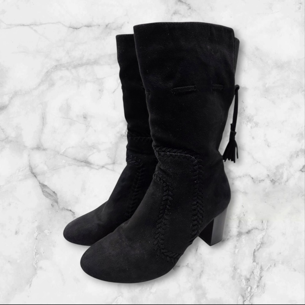 Simply Styled Black Suede Mid-Calf Boho Boots‎ with Whipstitch & Tassel  7 1/2